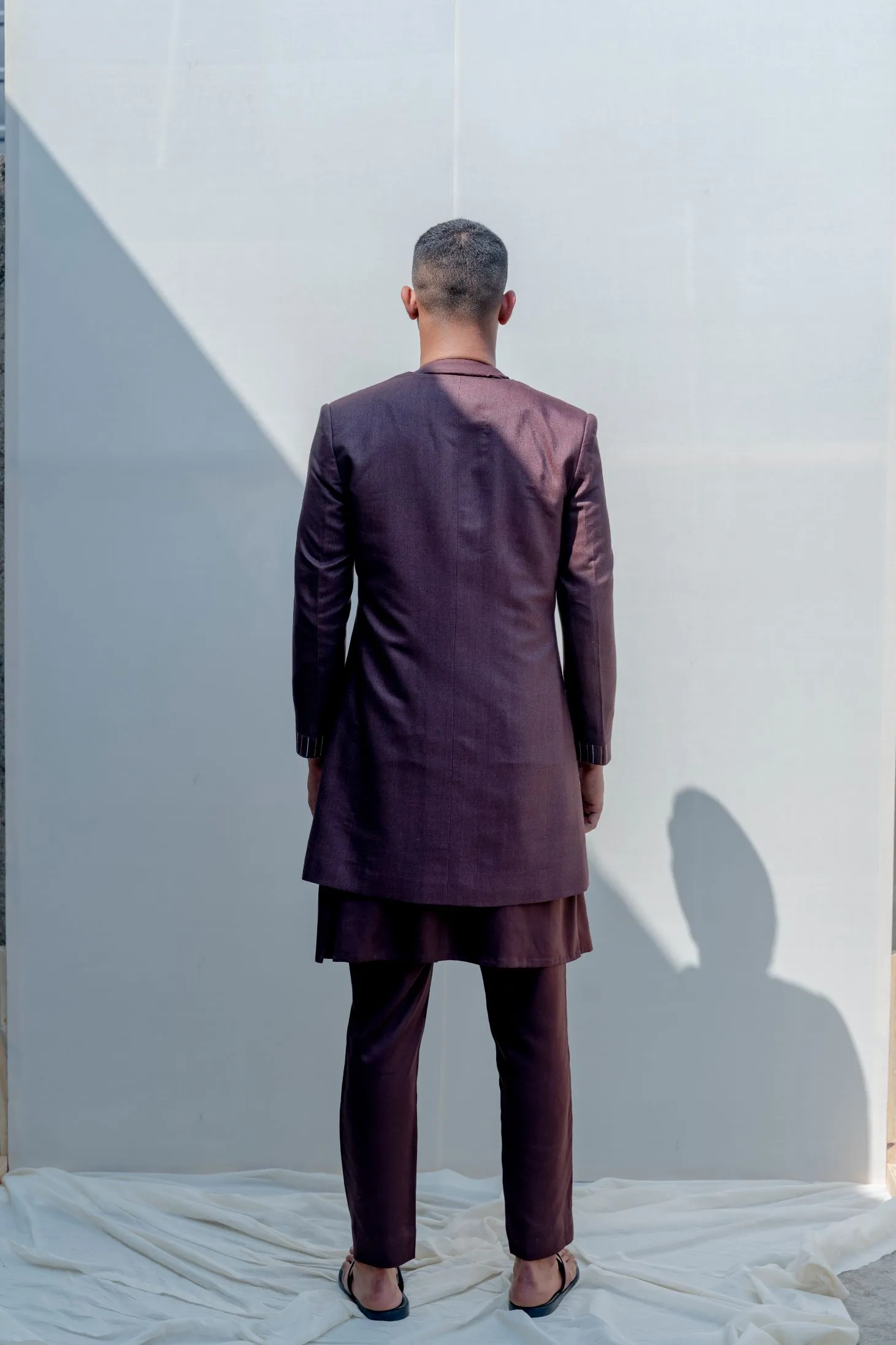 Abberant- Brown Asymmetric Embroidered Achkan With Kurta Set