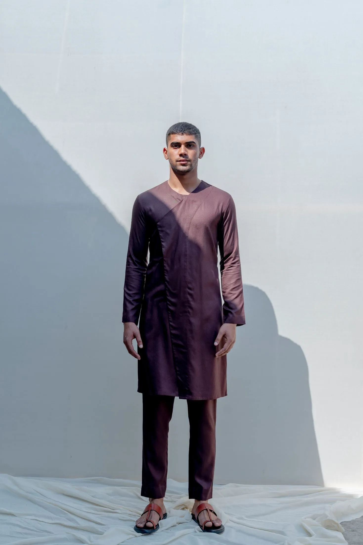 Abberant- Brown Asymmetric Embroidered Achkan With Kurta Set