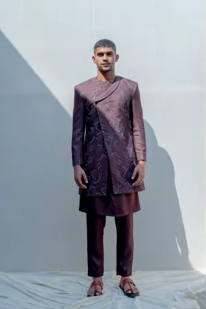 Abberant- Brown Asymmetric Embroidered Achkan With Kurta Set