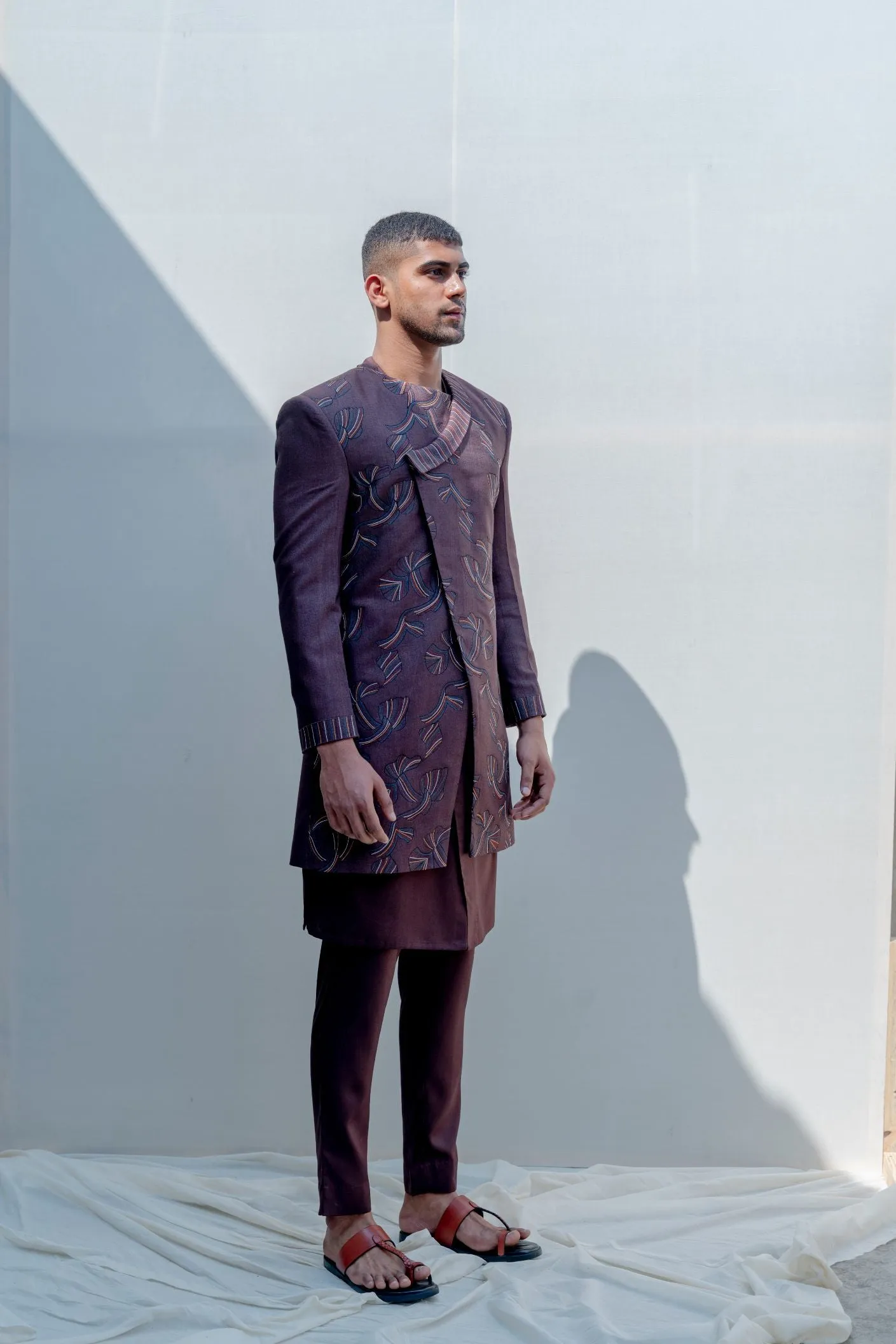 Abberant- Brown Asymmetric Embroidered Achkan With Kurta Set