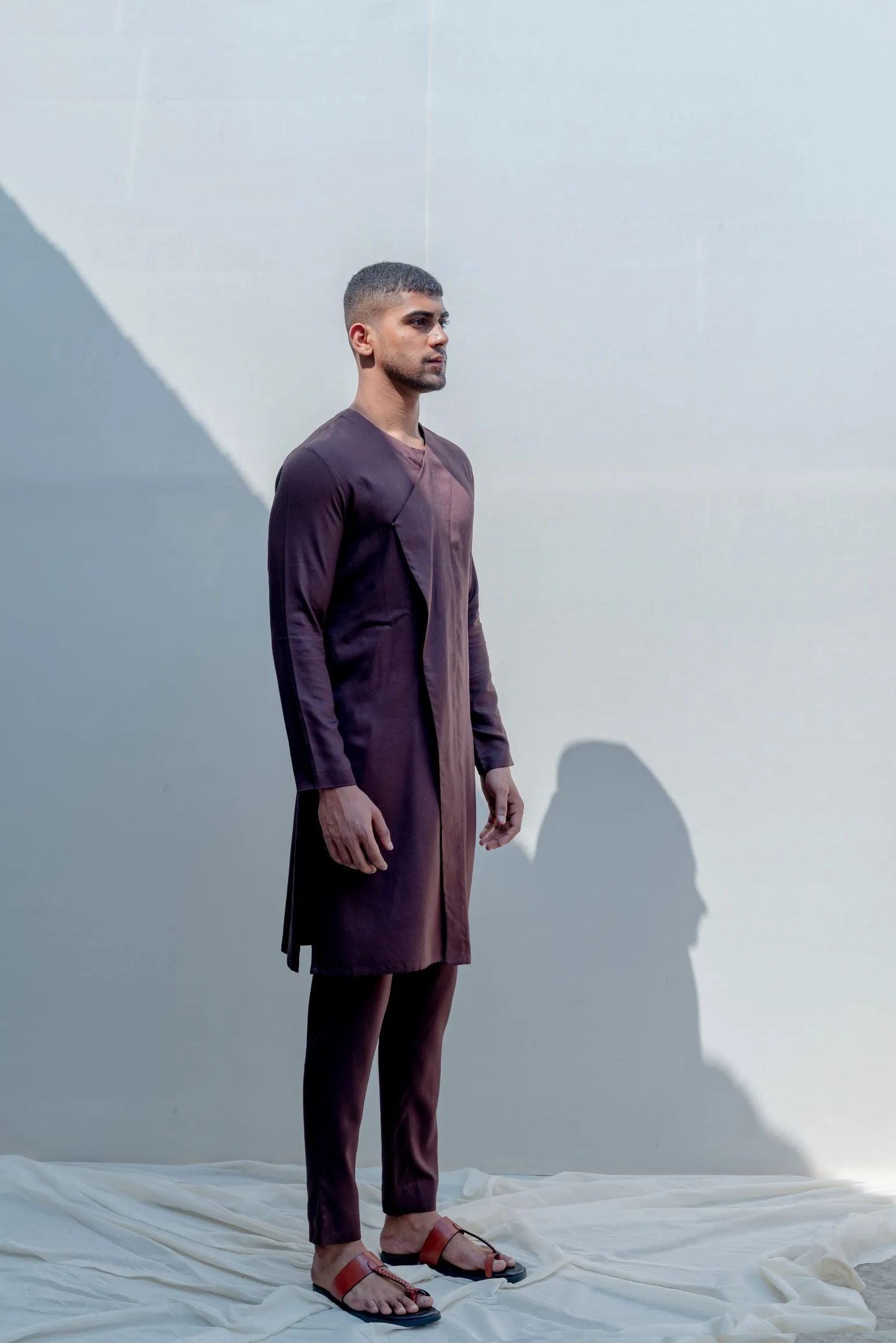 Abberant- Brown Asymmetric Embroidered Achkan With Kurta Set