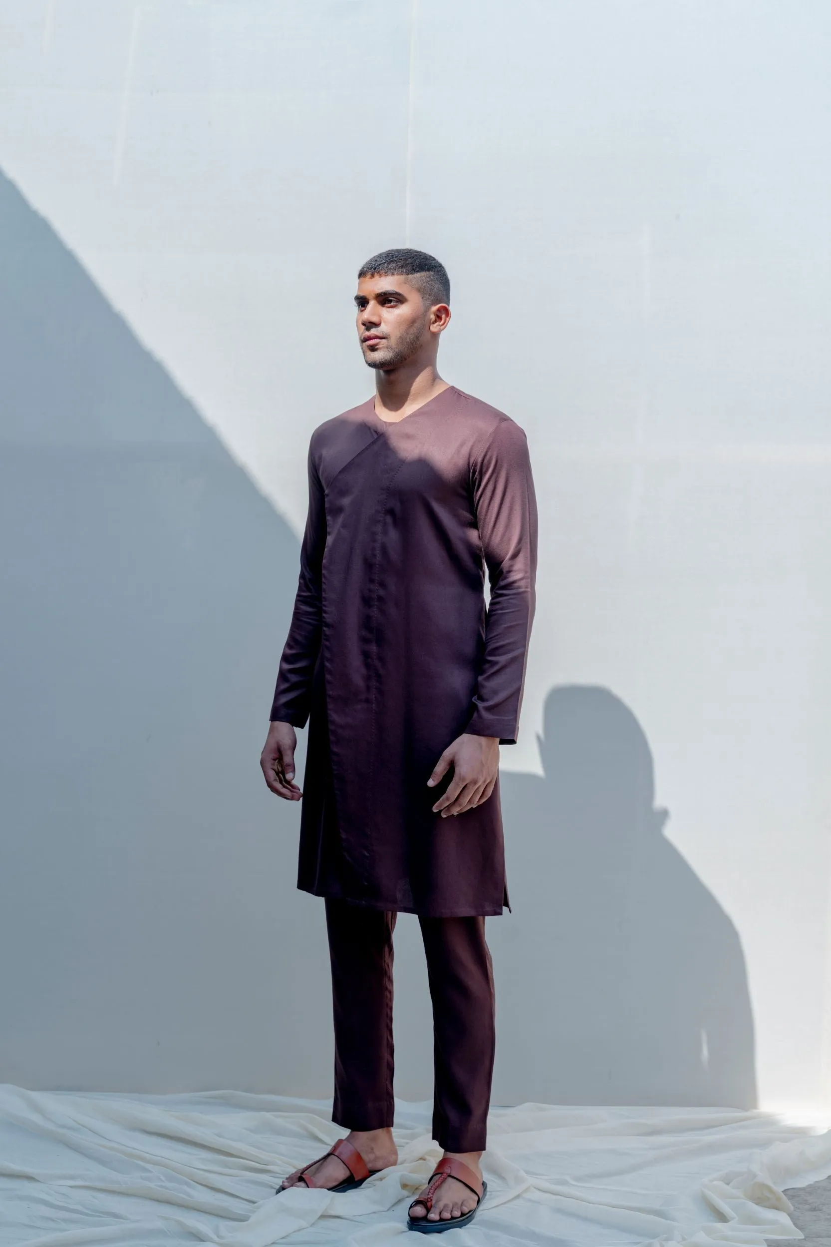 Abberant- Brown Asymmetric Embroidered Achkan With Kurta Set