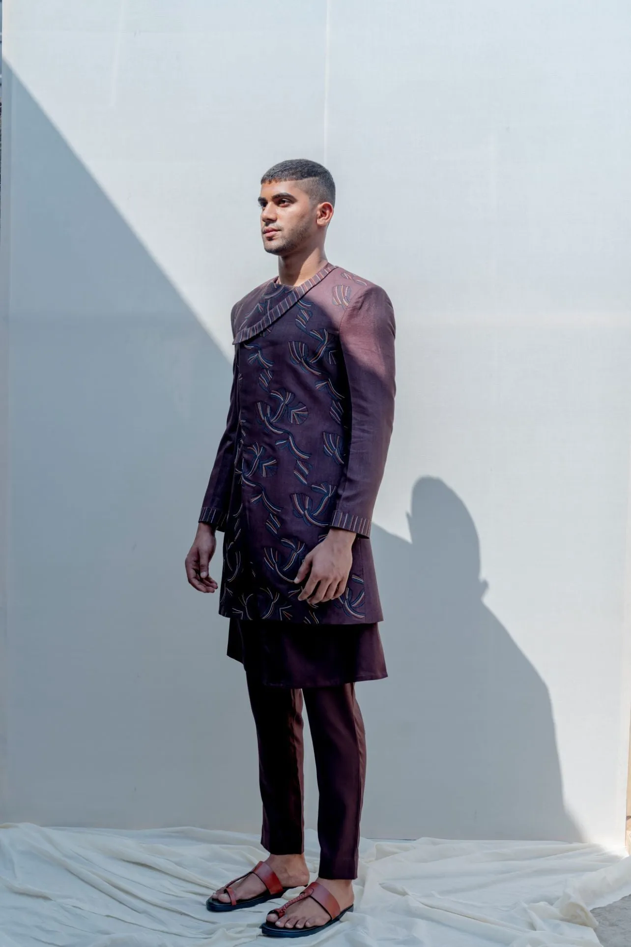 Abberant- Brown Asymmetric Embroidered Achkan With Kurta Set