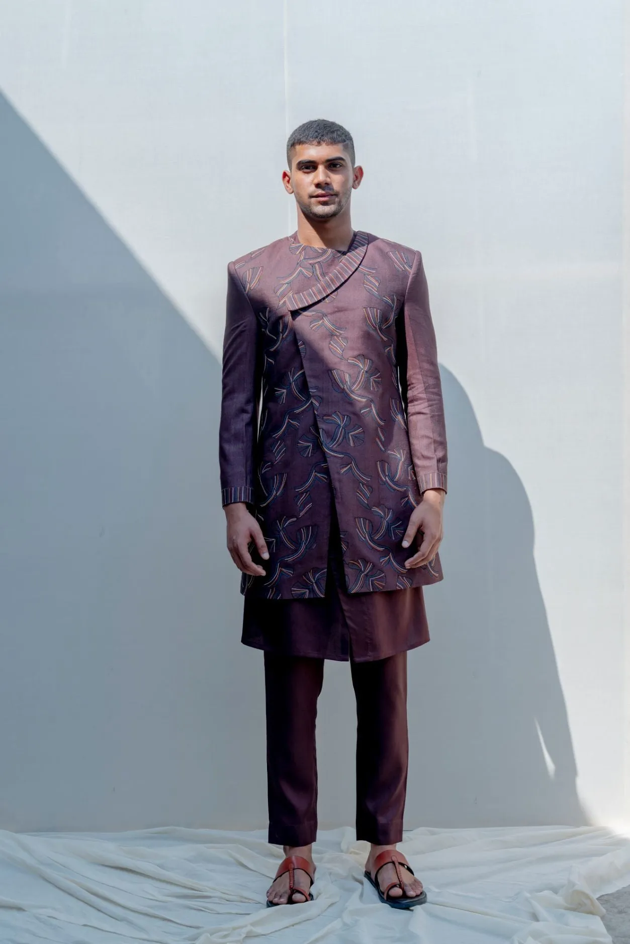 Abberant- Brown Asymmetric Embroidered Achkan With Kurta Set
