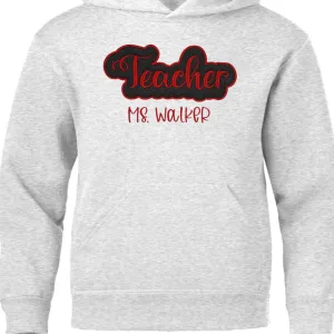 Adult Hoodie (w/ drawstrings) - Teacher in Red - Black_Glitter Appliqué