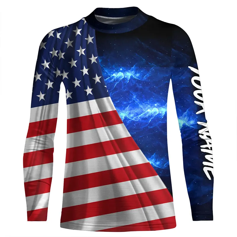 American Flag Universe patriotic Custom name blue galaxy UV protection Kid long sleeve Shirts NQS5409