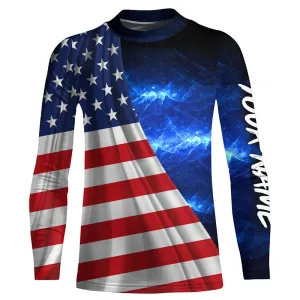 American Flag Universe patriotic Custom name blue galaxy UV protection Kid long sleeve Shirts NQS5409