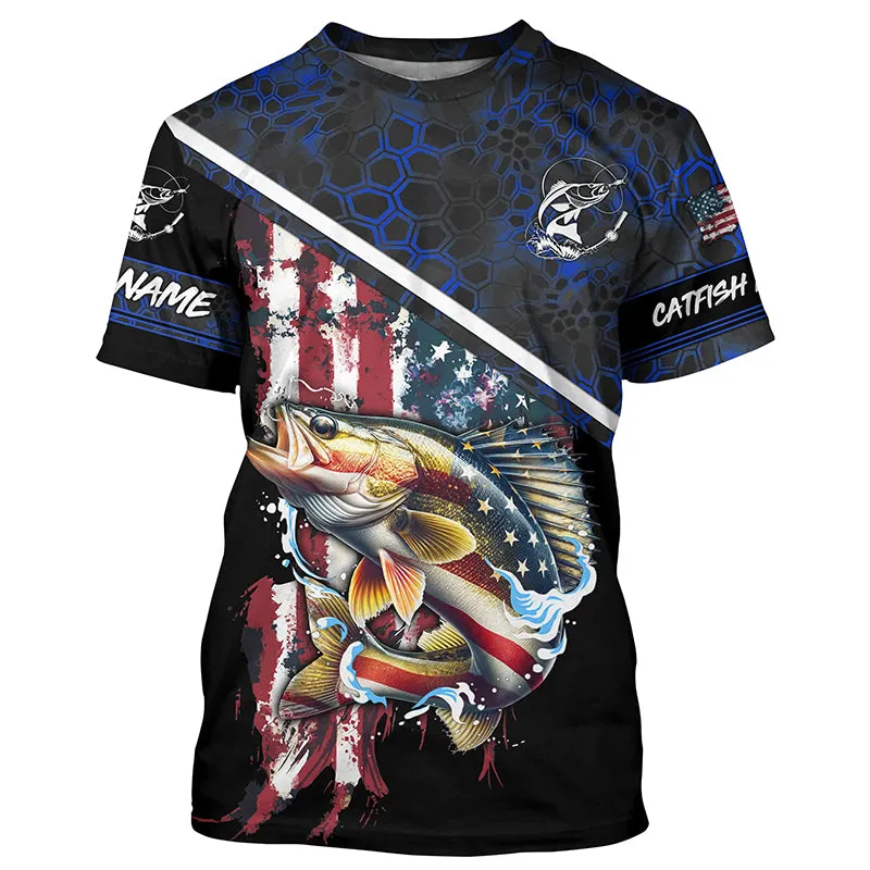 American Flag Walleye fishing blue camo Custom name fishing jerseys | Tshirt - NPQ841
