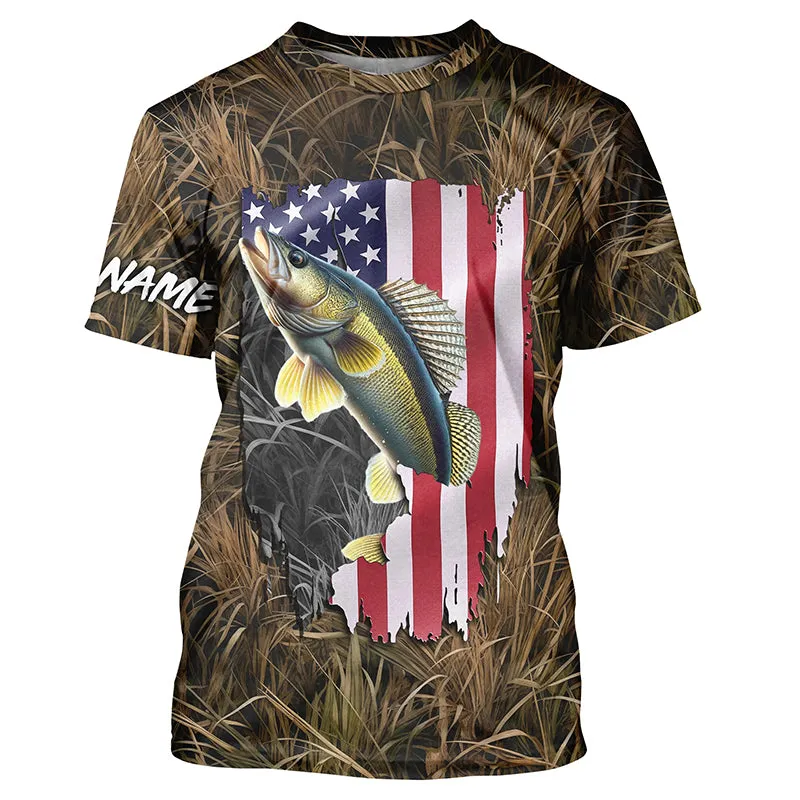 American flag Walleye fishing camo Customize Name All-over Print Unisex fishing T-shirt NPQ86