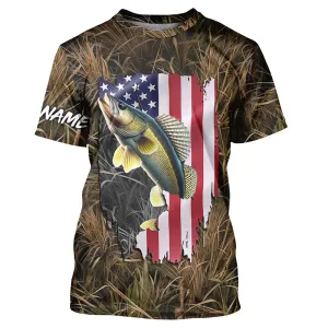 American flag Walleye fishing camo Customize Name All-over Print Unisex fishing T-shirt NPQ86