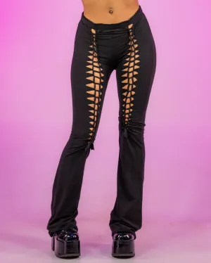 Black Torn Front Lace Bell Bottom Pants