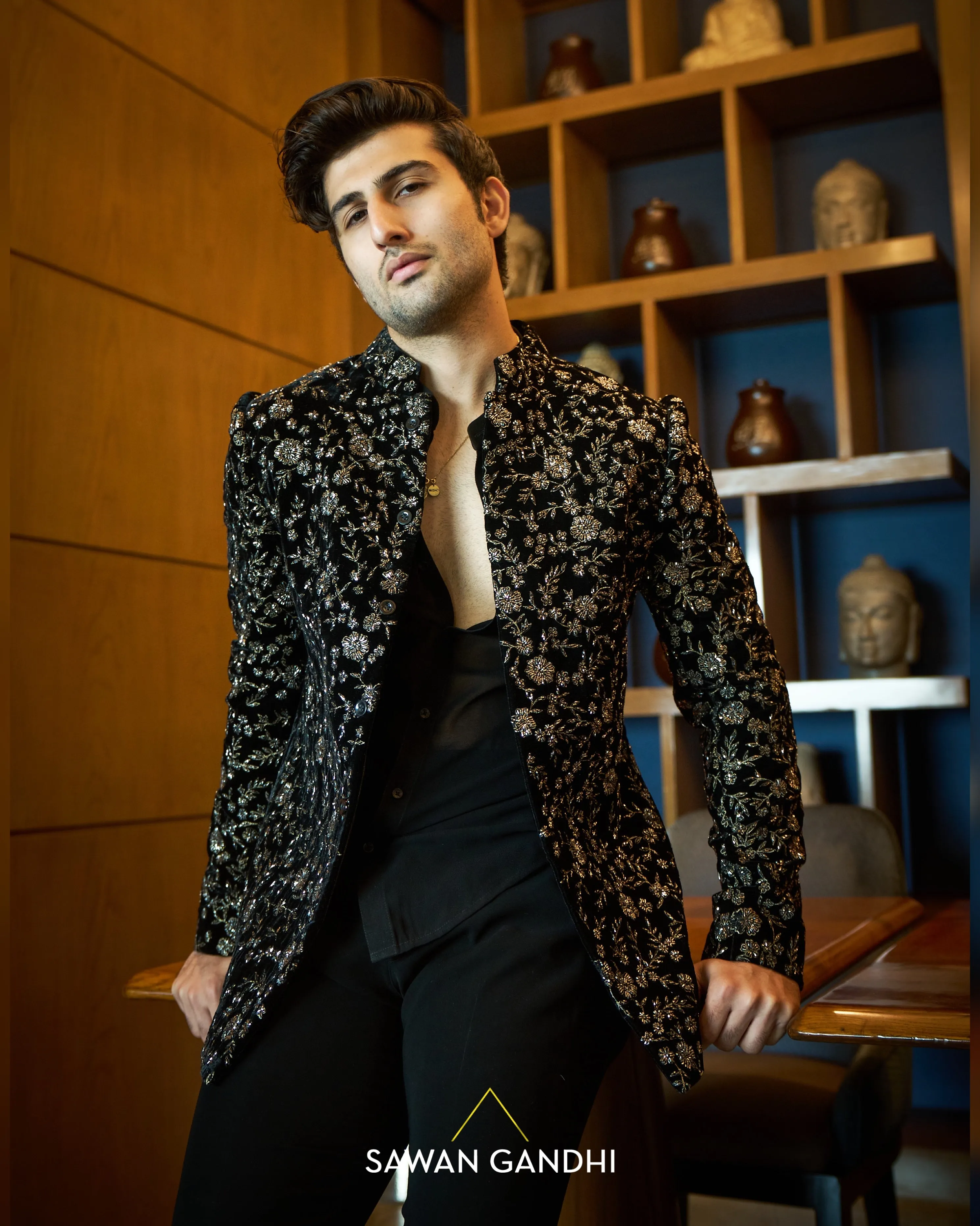 Black velvet gunmetal embroidered bandgala