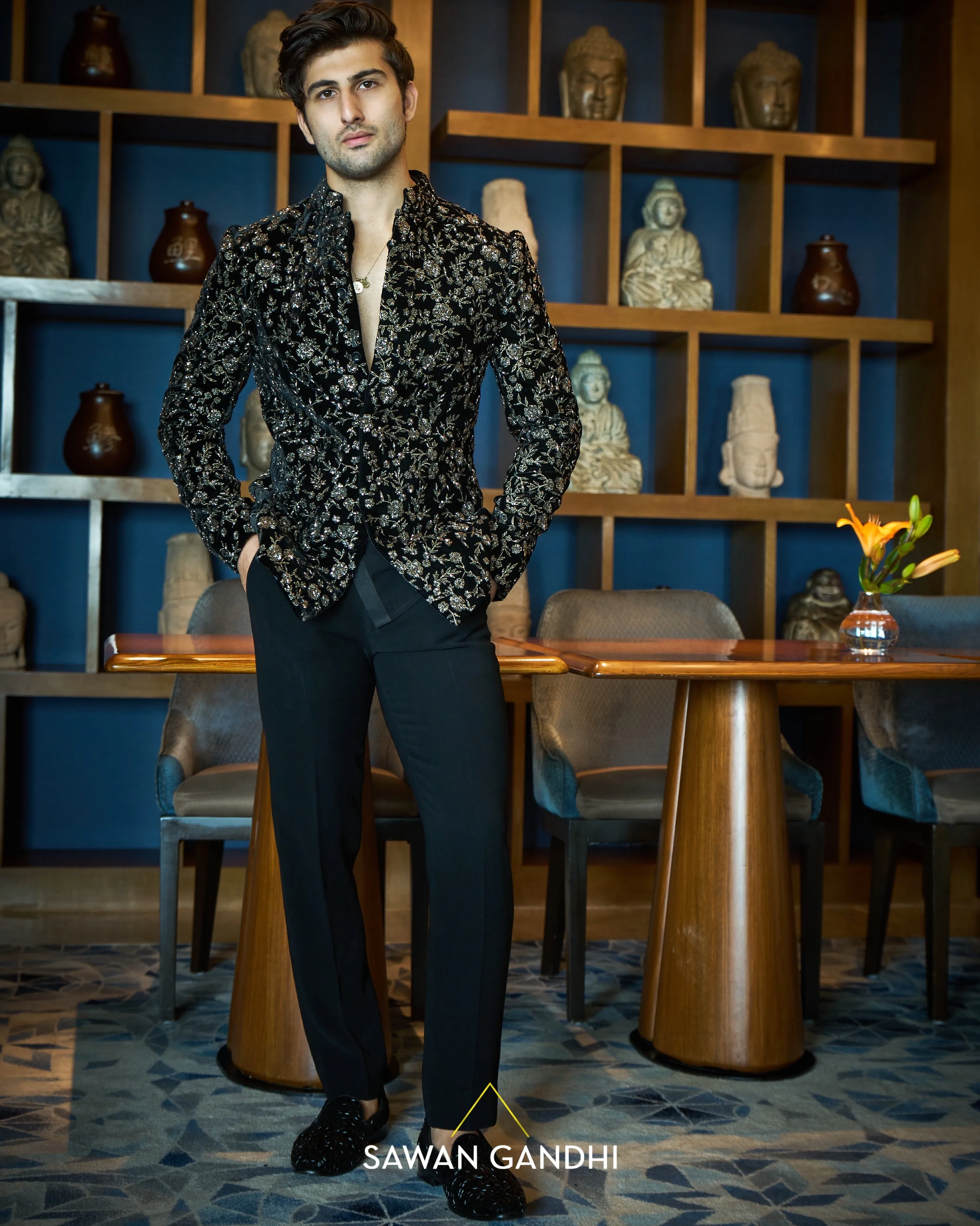 Black velvet gunmetal embroidered bandgala
