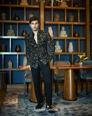 Black velvet gunmetal embroidered bandgala