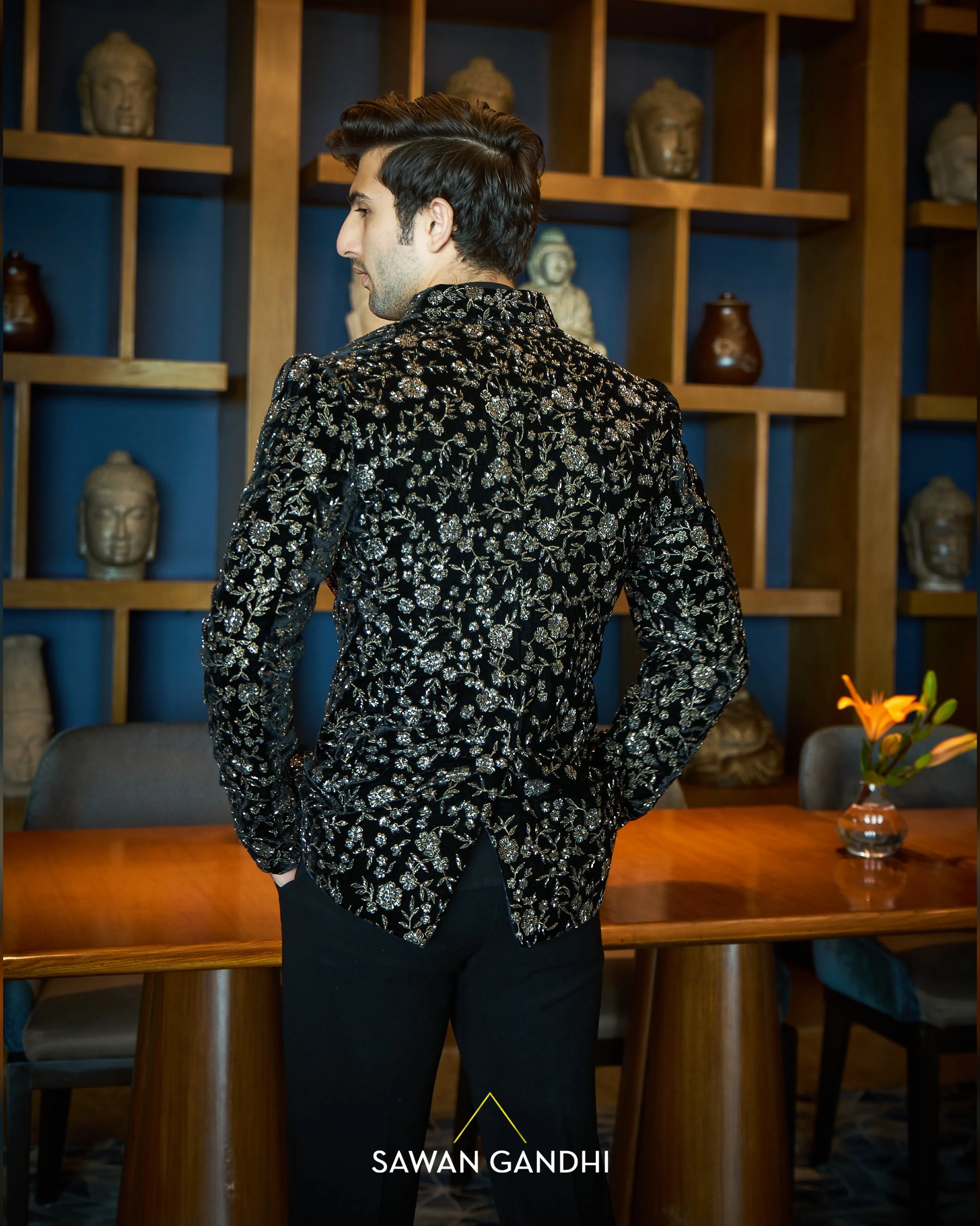 Black velvet gunmetal embroidered bandgala