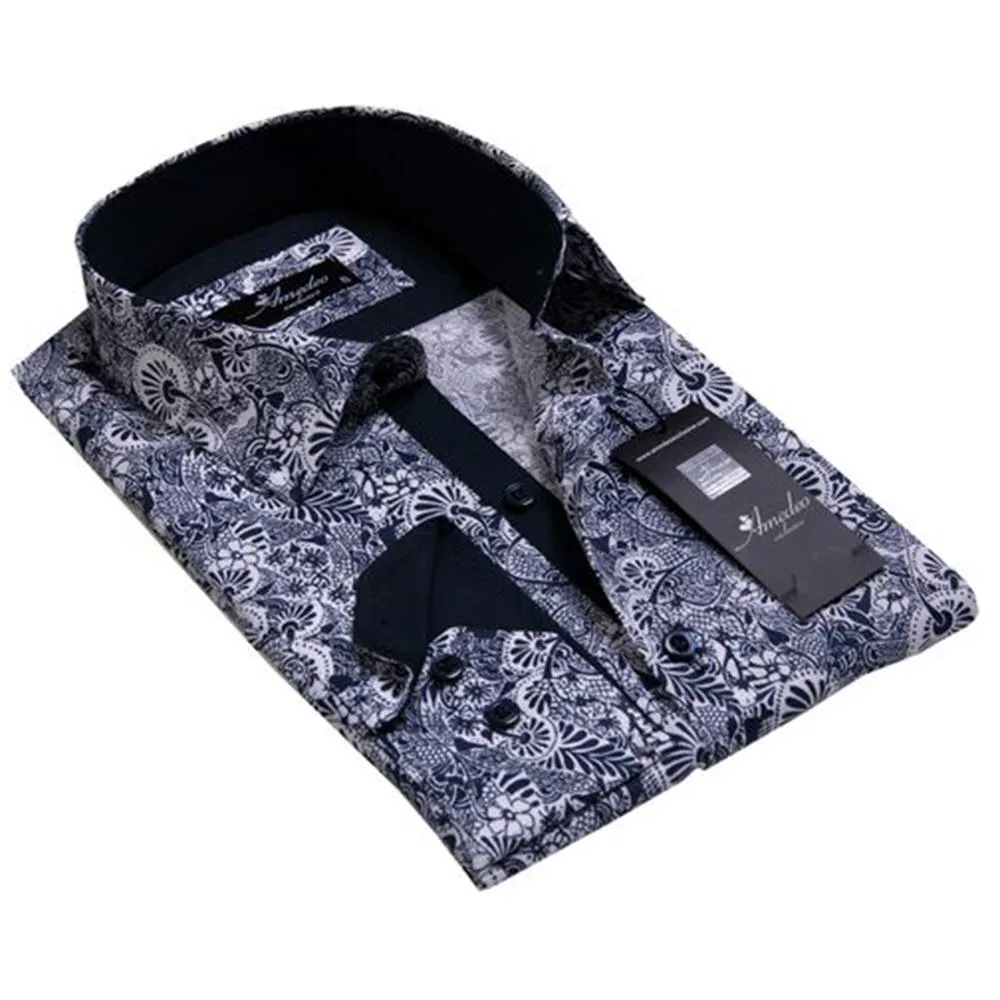 Black White Floral Mens Slim Fit Designer French Cuff Shirt - tailored Cotton Shirts for Work and Casual Wear