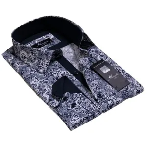 Black White Floral Mens Slim Fit Designer French Cuff Shirt - tailored Cotton Shirts for Work and Casual Wear