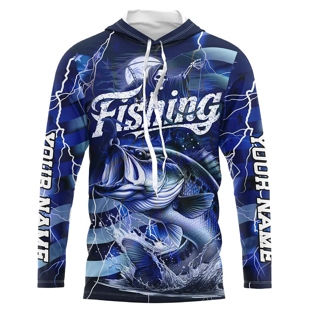 Blue Lightning American Flag Custom Bass Fishing Long Sleeve Shirts, Fish Reaper Fishing Jerseys IPHW6686
