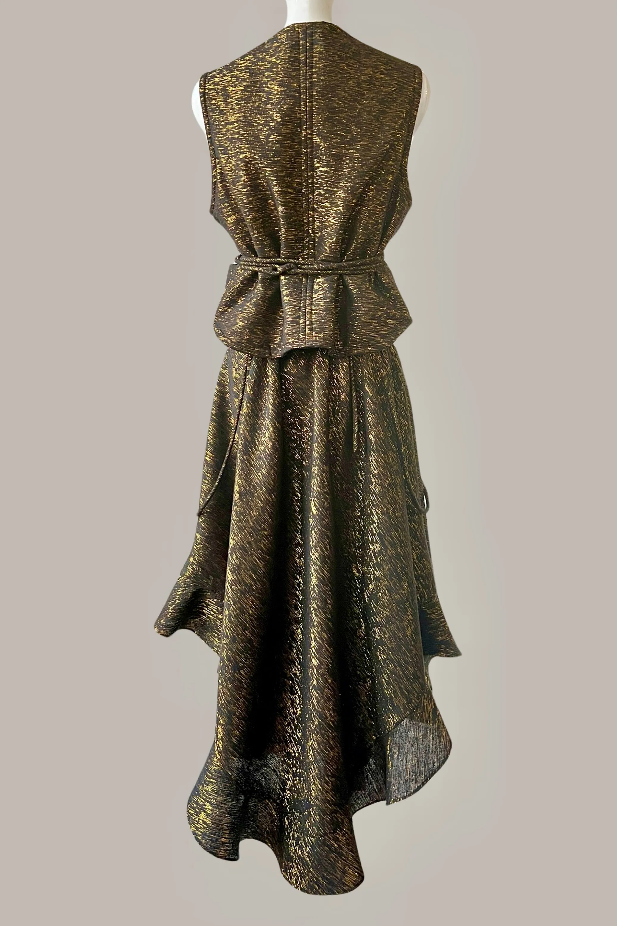 Cabriolet Ruffle Dress /Skirt in Black Onyx Metallic Gold Raw Silk Tweed