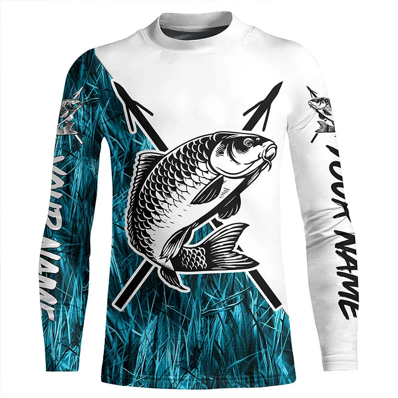 Carp Fish Bowfishing Shirts, Custom Carp Bow Fishing Long Sleeve Tournament Shirts | Blue Camo IPHW6396