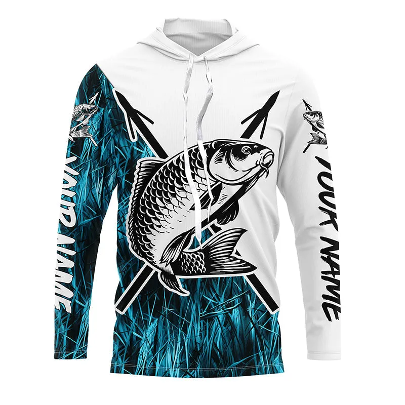 Carp Fish Bowfishing Shirts, Custom Carp Bow Fishing Long Sleeve Tournament Shirts | Blue Camo IPHW6396