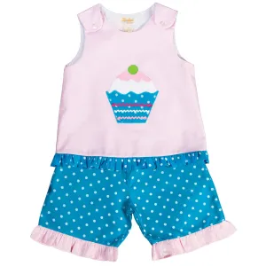 Cupcake Pink Gingham Aqua Blue Polkadot Blouse & Pants Set