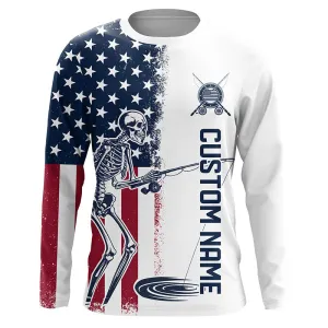 Custom American Flag Skull Patriotic Long Sleeve Fishing Shirts, Halloween Fishing Outfit IPHW7351