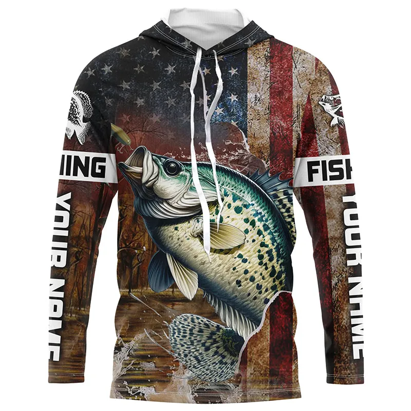 Custom Crappie Long Sleeve Fishing Shirts For Men, Patriotic Amerian Flag Crappie Fishing Shirt IPHW6889