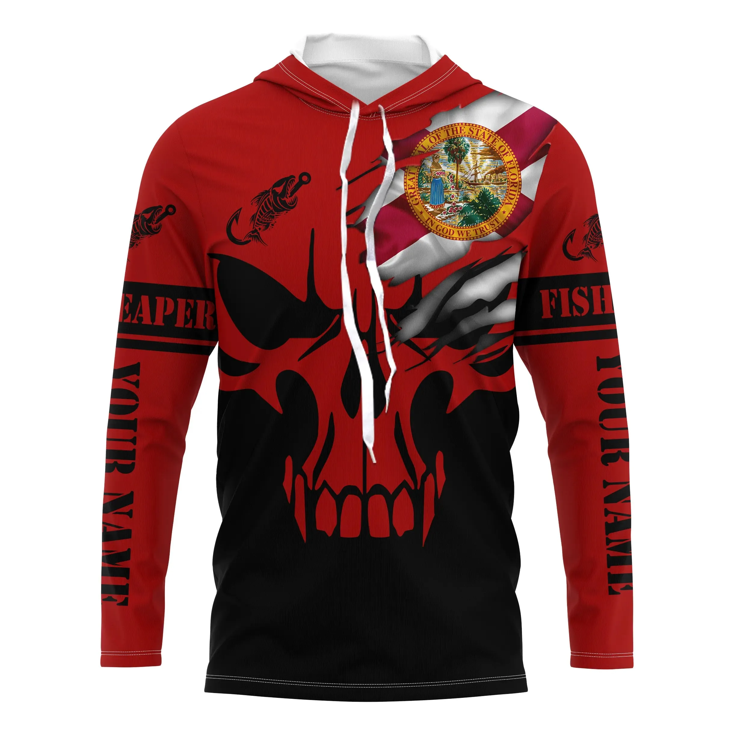 Custom Florida flag fishing fish reaper skull red and black Fishing Jersey, fishing Long sleeve shirts NQS4838