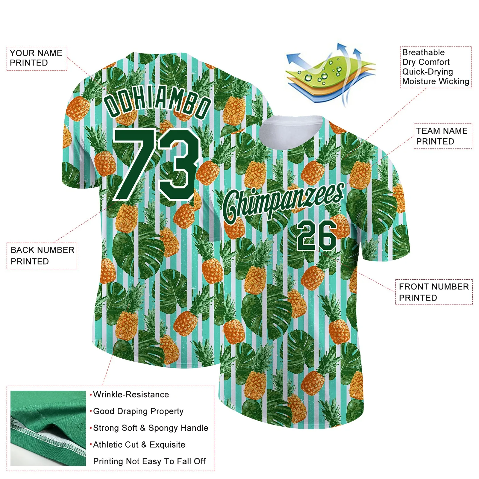 Custom White Green 3D Pattern Design Hawaii Tropical Palm Leaves And Pineapple Performance T-Shirt