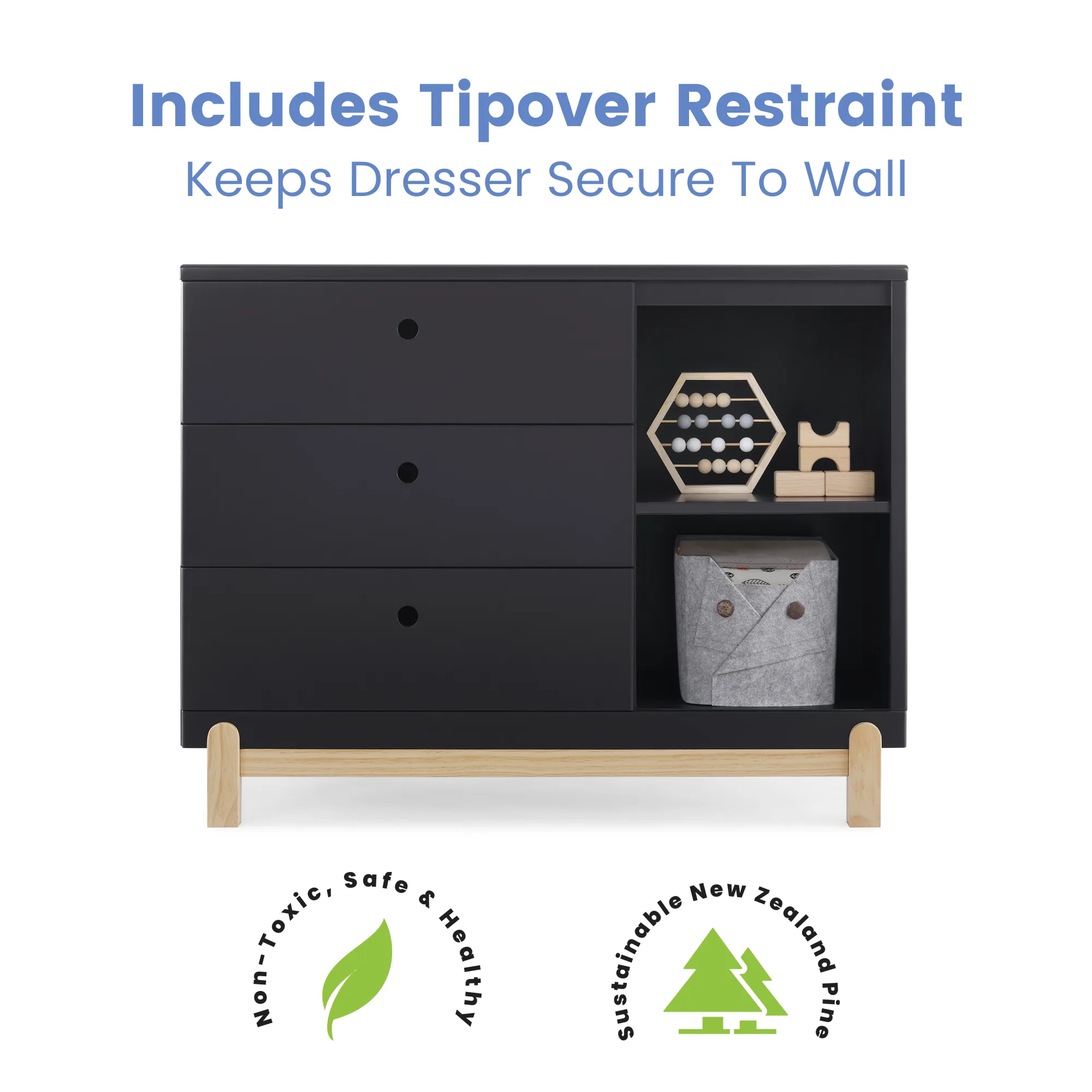 Delta Poppy 3 Drawer Dresser with Cubbies - Midnight & Natural