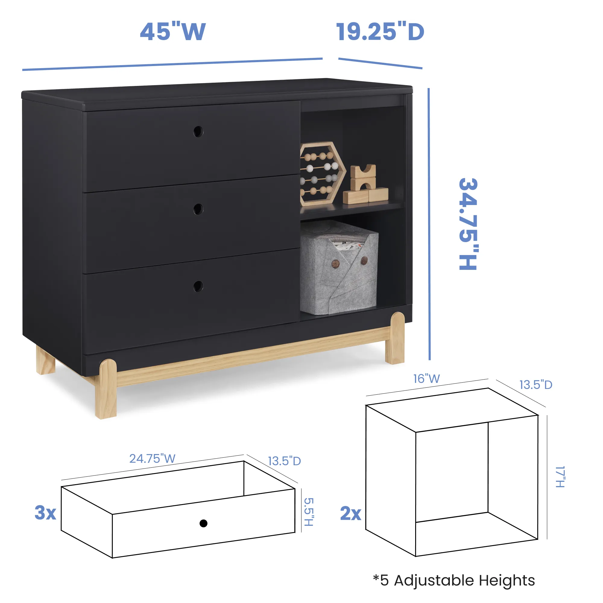 Delta Poppy 3 Drawer Dresser with Cubbies - Midnight & Natural