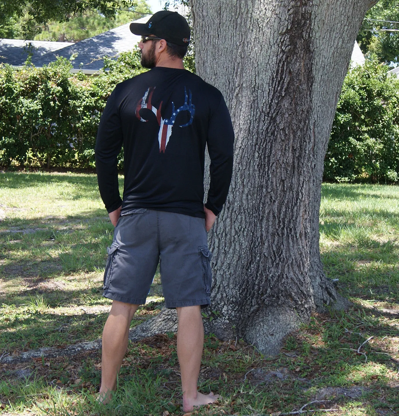Distressed American Flag Deer Skull Black UPF Long Sleeve Shirt