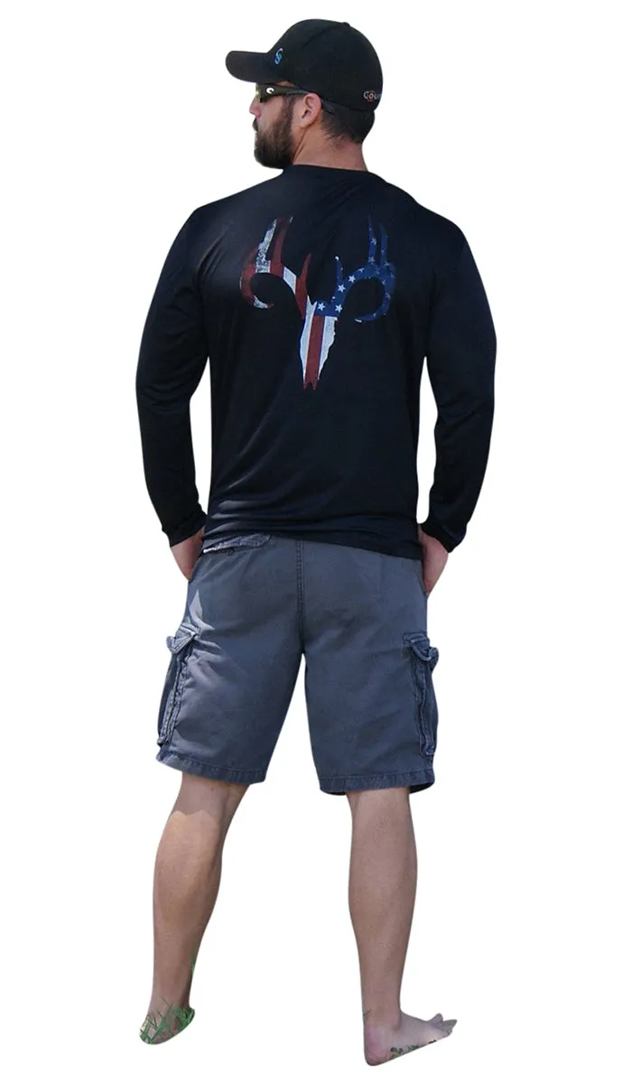 Distressed American Flag Deer Skull Black UPF Long Sleeve Shirt