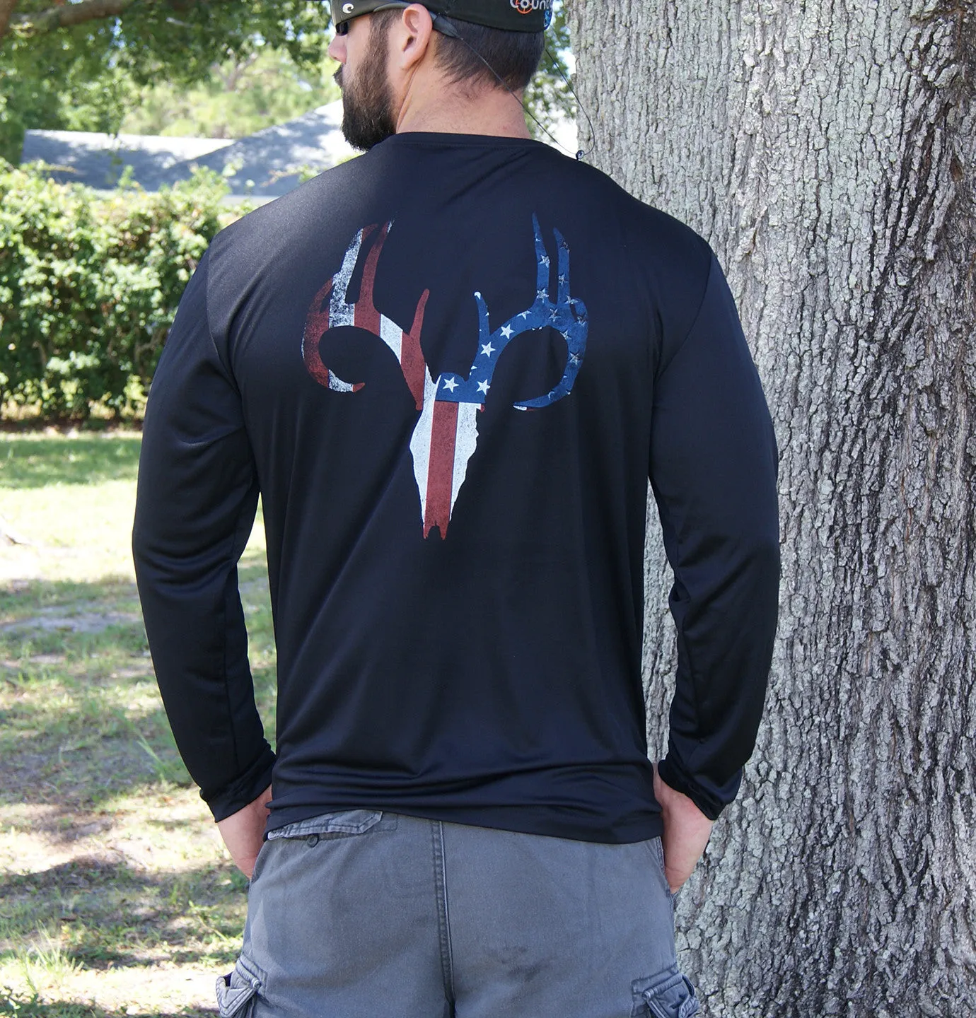 Distressed American Flag Deer Skull Black UPF Long Sleeve Shirt
