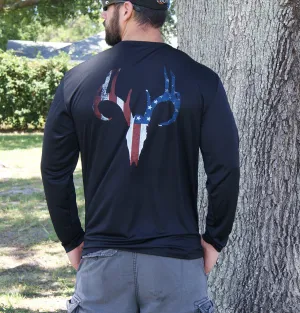 Distressed American Flag Deer Skull Black UPF Long Sleeve Shirt