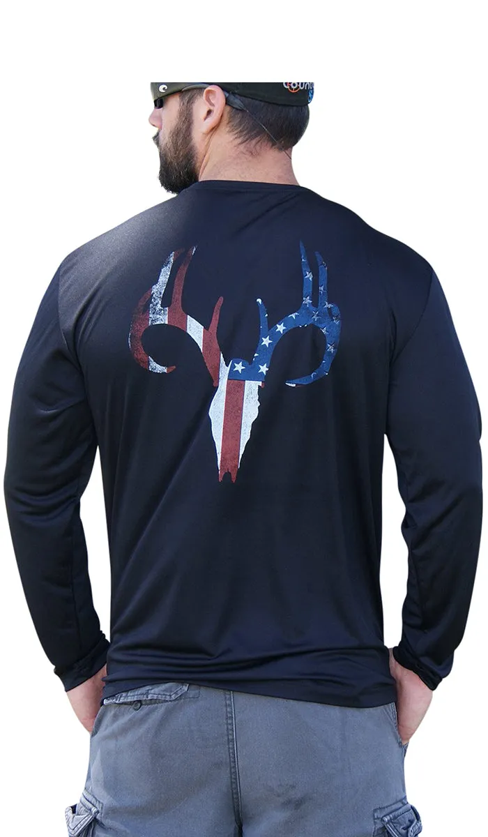 Distressed American Flag Deer Skull Black UPF Long Sleeve Shirt