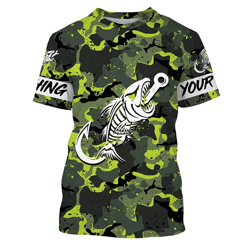 Fish hook skull Green Camo fish reaper Custom name fishing jerseys | Tshirt - NPQ838