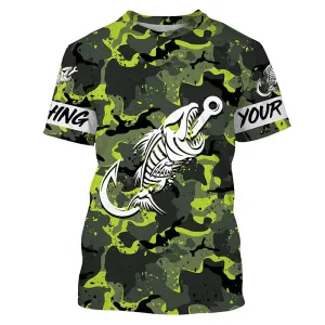 Fish hook skull Green Camo fish reaper Custom name fishing jerseys | Tshirt - NPQ838