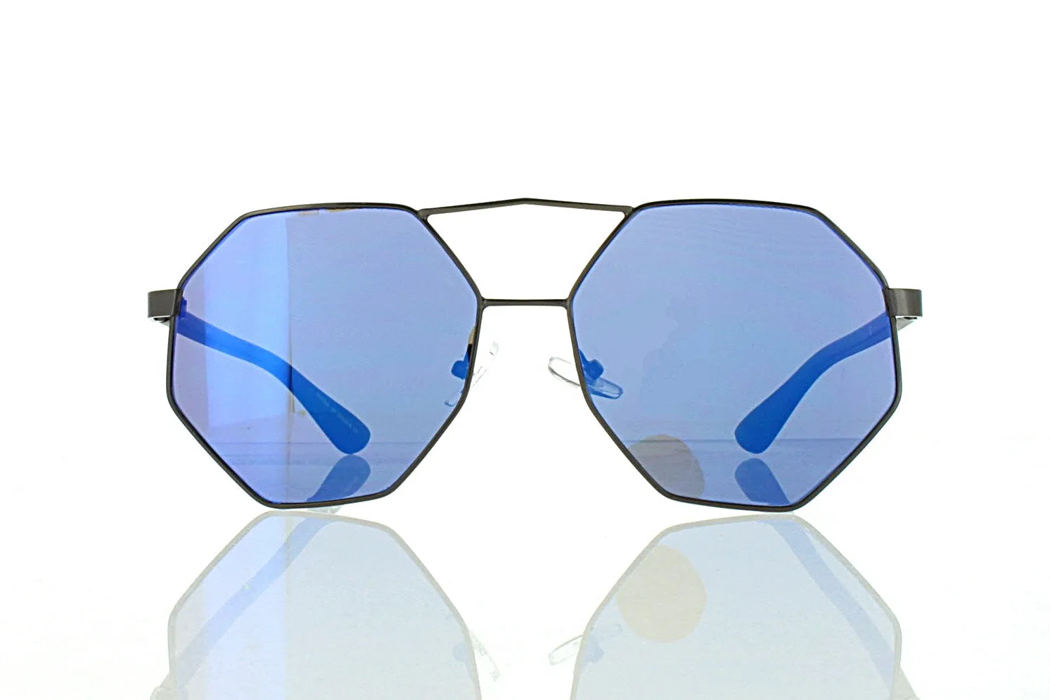 Flat Black Octagonal Aviator Sunglasses With Blue Lens 100% UV400