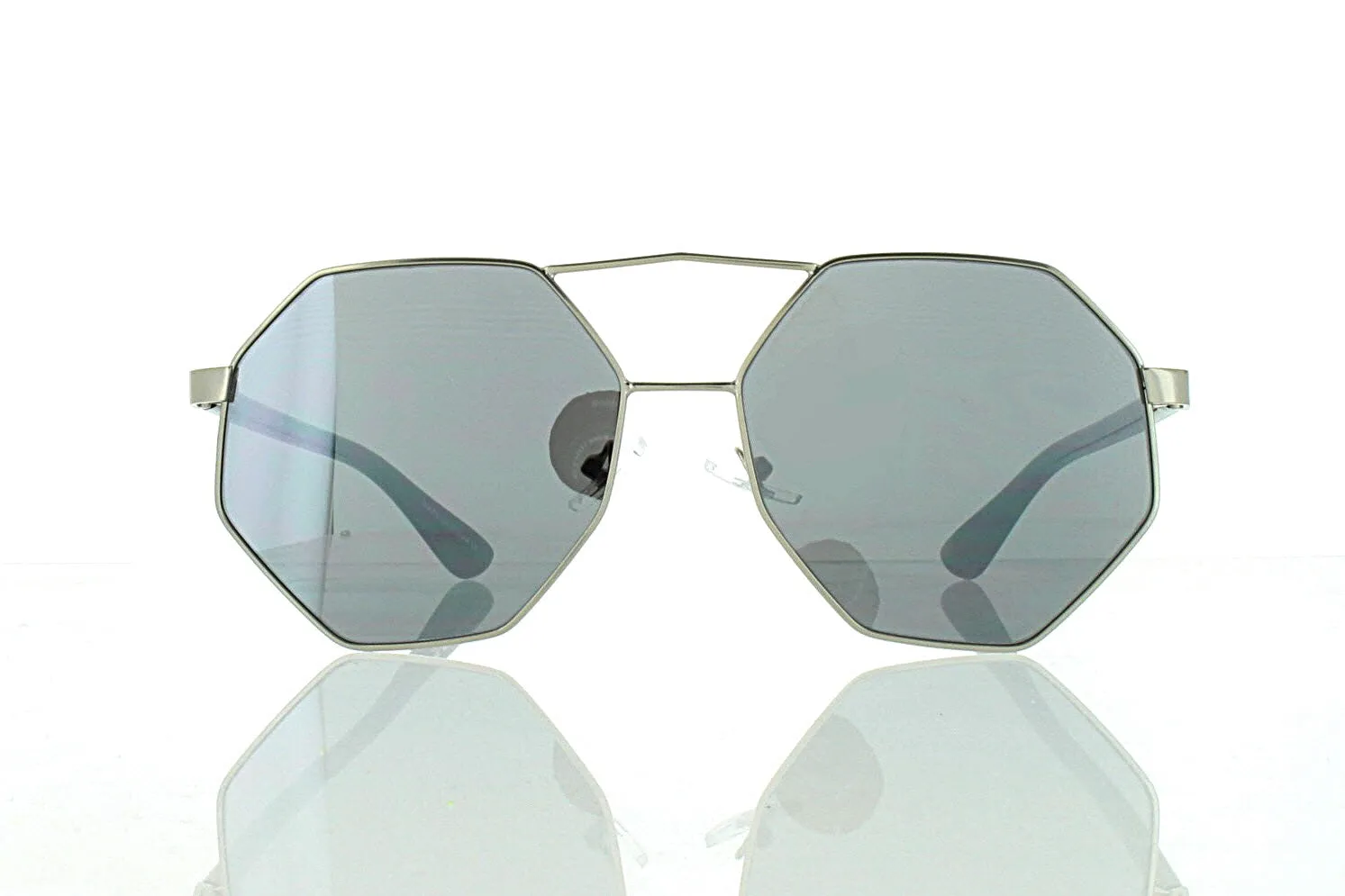 Flat Silver Octagonal Aviator Sunglasses with Black Lens 100% UV400