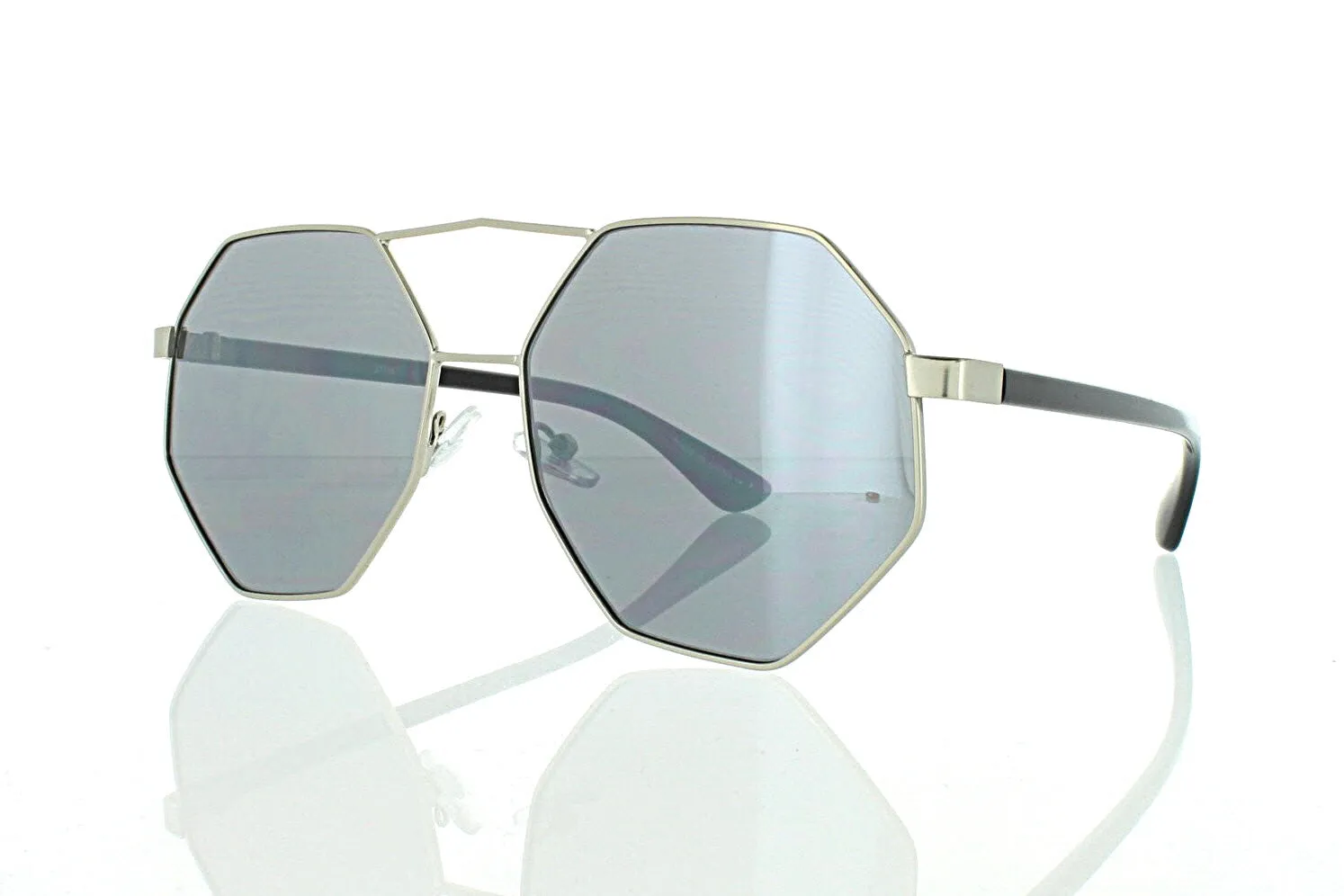 Flat Silver Octagonal Aviator Sunglasses with Black Lens 100% UV400