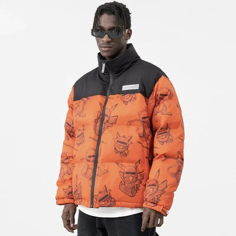 Hand-Painted Insulated Jacket with Stand Collar