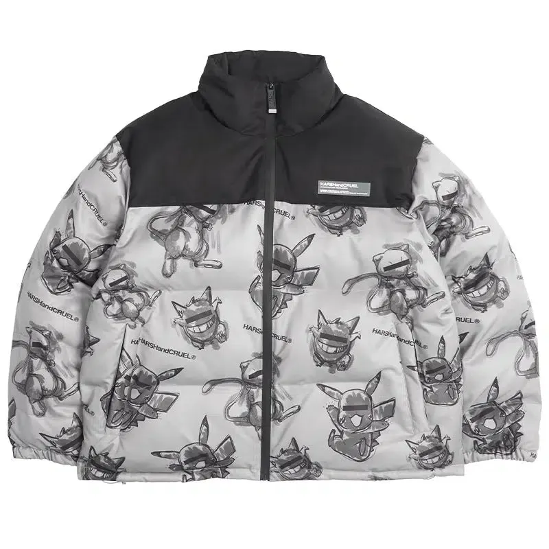 Hand-Painted Insulated Jacket with Stand Collar