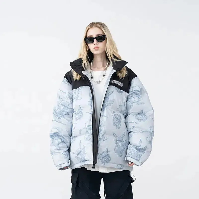 Hand-Painted Insulated Jacket with Stand Collar