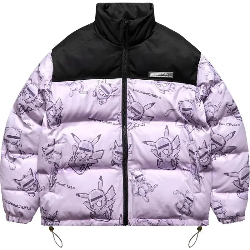 Hand-Painted Insulated Jacket with Stand Collar