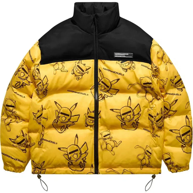 Hand-Painted Insulated Jacket with Stand Collar