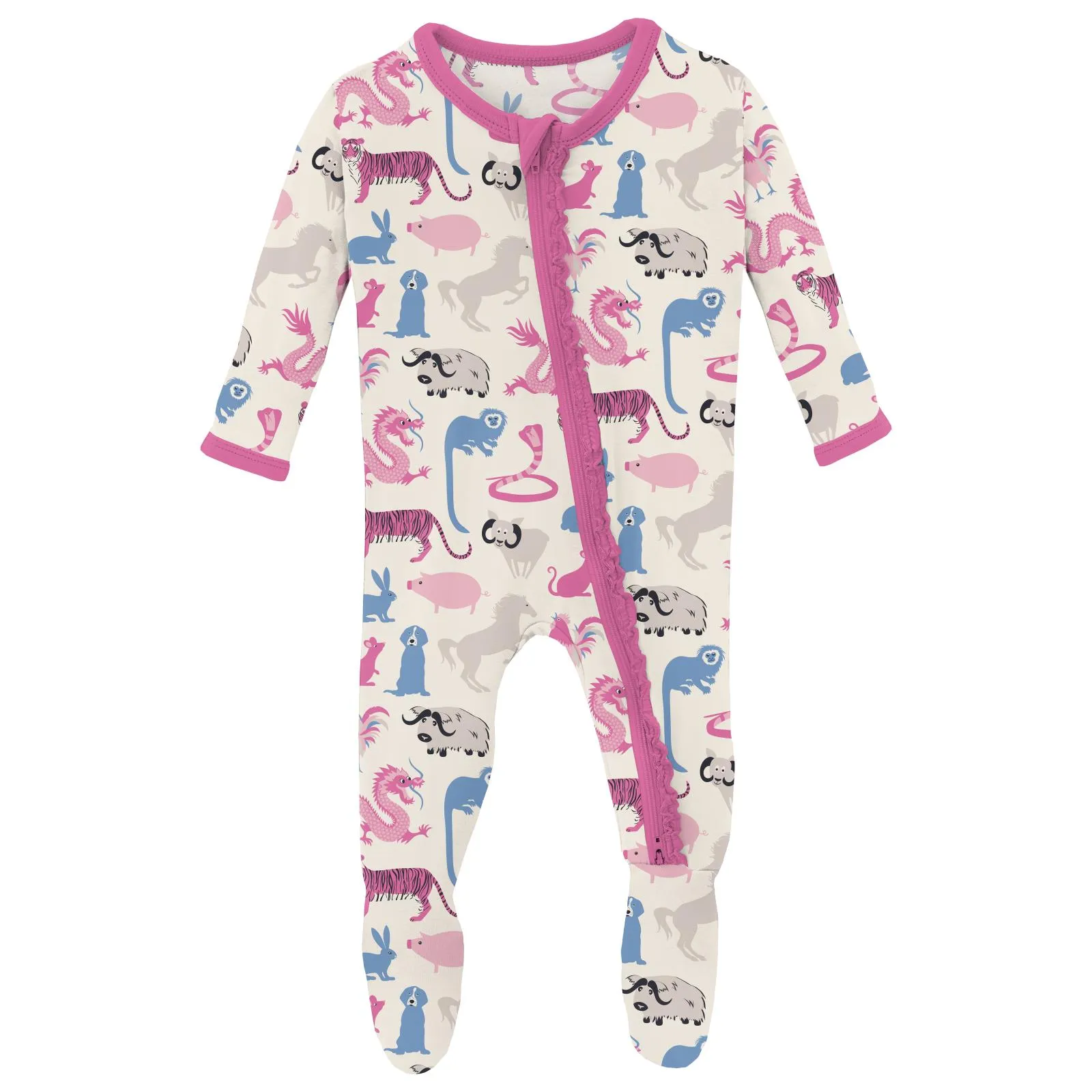 Kickee Pants Natural Chinese Zodiac Print Muffin Ruffle Zipper Footie