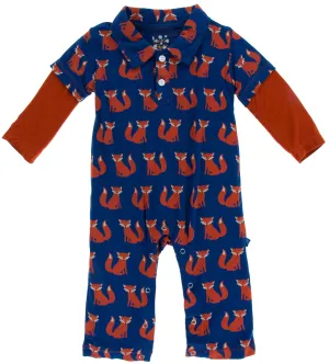 KicKee Pants Navy Fox Long Sleeve Double Layer Polo Romper