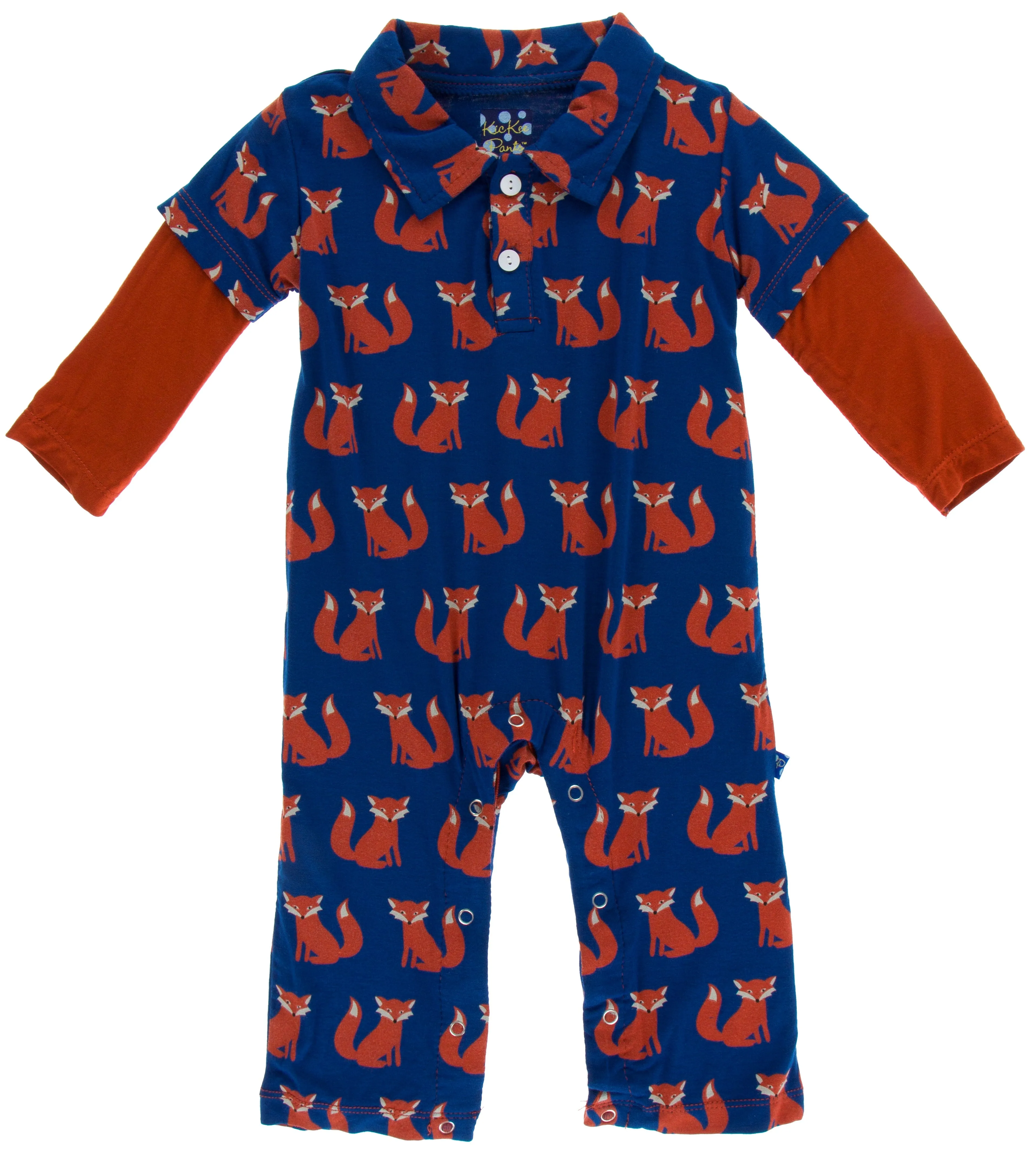 KicKee Pants Navy Fox Long Sleeve Double Layer Polo Romper